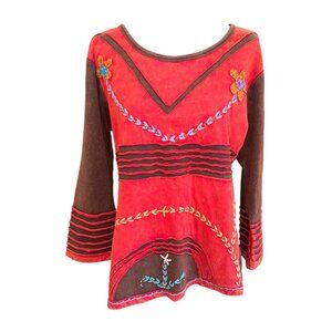 Boho Rising International Red Brown Embroider Tunic Top Floral Hippie Artsy Boho